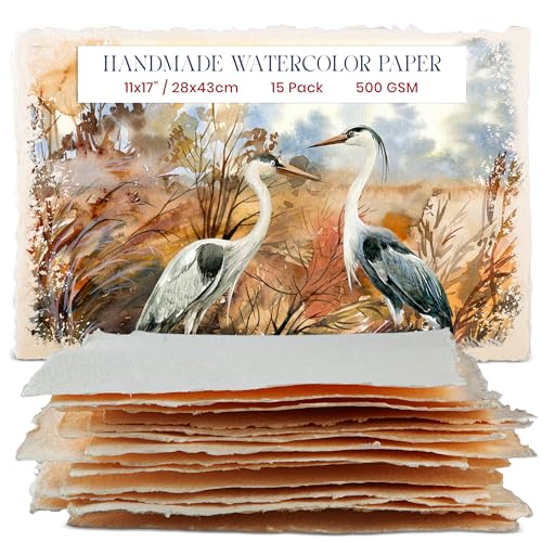 Wanderings Thick Handmade Watercolor Paper with Deckled Edge - 11" x 17" - 500GSM Premium Ivory Cold-Pressed Textured Mixed Media Paper Made with Recycled Cotton - 15 Loose Leaf Sheets - color: Ivory, size: 11x17 inches