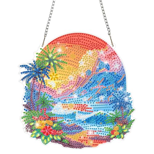 MAXBYE Beach Landscape Diamond Art Kits for Adults Hanging Ornament, DIY Special Crystal Diamond Painting kit, Double Sided Painting Kits for Beginners Gift Wall Home Decoration 8×8 Inch - color: Beach Landscape
