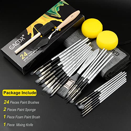 GACDR Acrylic Paint Brush Set, 24 Pieces Paint Brushes for Acrylic Painting with Cloth Roll Case and 2 Sponges, Pinceles para Acrilico for Oil Watercolor Gouache…