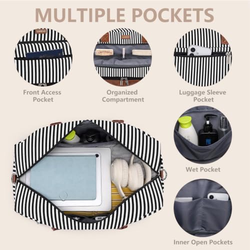 Large Women Travel Weekender Bag: Carry on Duffle with Shoe Compartment | Overnight Duffel Bags with Wet Pocket, Crossbody & Toiletry Bag, 3PCS Womens Traveling Tote Set for Hospital Gym Weekend Trip - color: 02 Black Striped