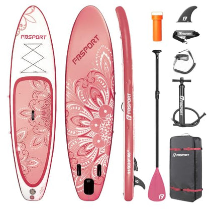 FBSPORT 11' Premium Stand Up Paddle Board, Yoga Board with SUP Accessories & Carry Bag | Wide Stance, Surf Control, Non-Slip Deck, Leash, Paddle and Pump for Youth & Adult - color: PinkWhite
