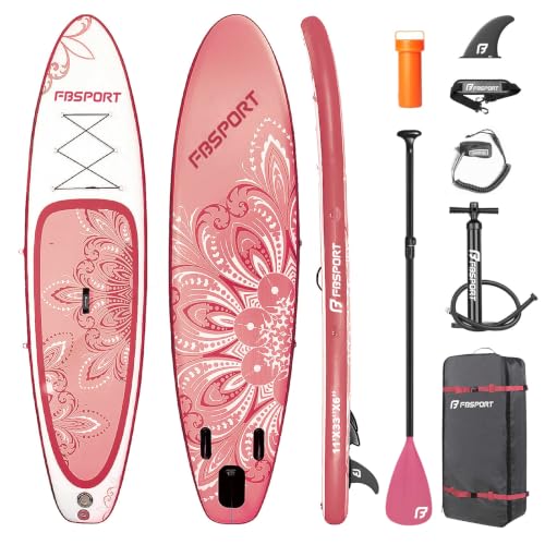 FBSPORT 11' Premium Stand Up Paddle Board, Yoga Board with SUP Accessories & Carry Bag | Wide Stance, Surf Control, Non-Slip Deck, Leash, Paddle and Pump for Youth & Adult - color: PinkWhite