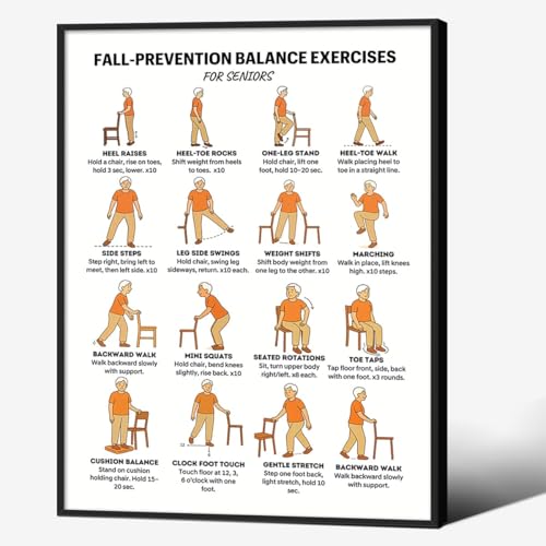 Fall Prevention Balance Exercises for Seniors Posters Seated Workout Charts for Seniors & Beginners 16x20 Inch Black Framed Chair & Standing Mobility Training Wall Art Living Room Bedroom Home Gym Decor - color: Balance Wall Art, size: 20"L x 16"W, style: