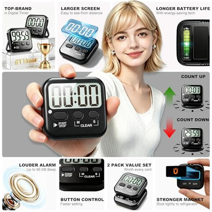 Antonki 2 Pack Digital Timer for Kids Classroom Kitchen Timers for Cooking | w/ Battery, Easy to View, Alarm, Mute Mode, Count Down/Up, Magnetic, Kickstand, Hanging, Classroom Timer for Teacher Supplies - color: Rich Black *2