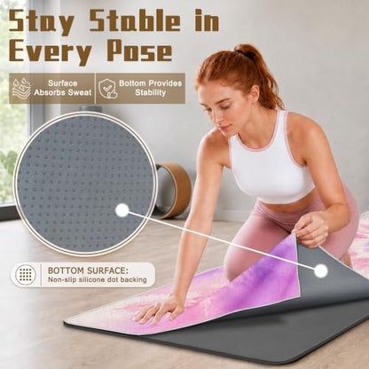 Yoga Mat Towel Non Slip Ultra-Absorbent Hot Yoga Towel, Super Stylish Printed Sweat Hot Yoga Towel, Ideal for Home, Workouts, Pilates, Yoga, 72 x 27in, Purple & Pink Tie Dye - color: Purple & Pink Tie Dye
