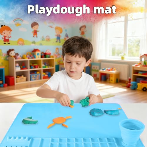 Silicone Painting Mat, 20"X16" Craft Mat,Large Art Mat Clay Mats | Paintbrush Holder, Nonslip Color Dividers Silicone Mats with Built in Cup for Painting, Table, Resin and DIY Blue - color: Blue