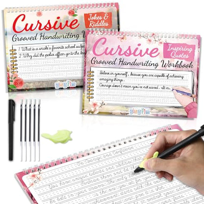 gisgfim 2 Pack Grooved Cursive Handwriting Workbook Magic Grooved Cursive Reusable Handwriting Practice with Disappearing Ink Pens Learning Activities Supplies (Jokes Riddles&Inspiring Quotes) - style: Inspirational Sentences+Jokes