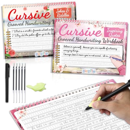 gisgfim 2 Pack Grooved Cursive Handwriting Workbook Magic Grooved Cursive Reusable Handwriting Practice with Disappearing Ink Pens Learning Activities Supplies (Jokes Riddles&Inspiring Quotes) - style: Inspirational Sentences+Jokes