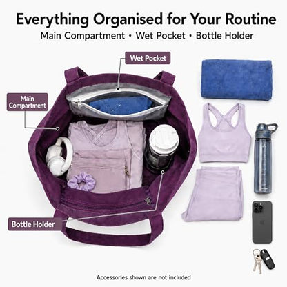 Yoga Mat Bag for Women, Pure Cotton Canvas Yoga Tote with Wet/Dry Pocket, Bottle Holder & Inner Zipper Pocket, Yoga Mat Carrier Bag for Pilates, Gym, Travel, Beach - color: Purple