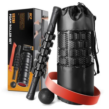 SUBCULTUREPICK 5 in1 Foam Roller Set, Trigger Point Foam Roller Deep Tissue | Massage Roller Stick, Massage Ball, Resistance Band for Physical Therapy, Pilates Yoga,Fitness Exercise for Whole Body Black - color: Black-red