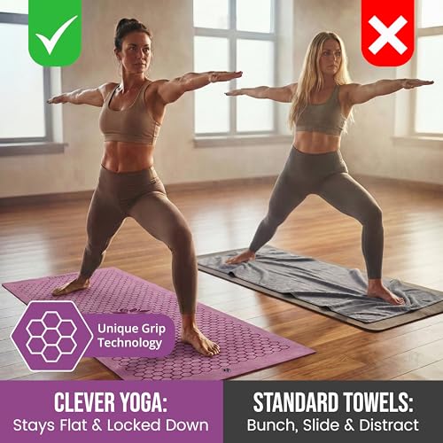 Clever Yoga Hot Yoga Mat Towel – Non-Slip Grip for Hot Yoga, Sweat Absorbent, Honeycomb Silicone Grip, Stays Flat – Ideal for Pilates, Travel, Washable & Lightweight - Lilac - color: Lilac