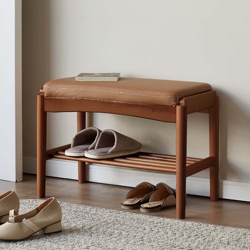 Solid Wood Shoe Bench, 24 Inch Entryway Bench with Brown Leather Cushion - color: Walnut + Brown Leather Cushion, size: 23.62"