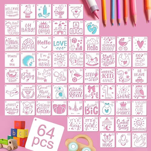 Baby Shower Stencils for Painting, 64 Pcs 3 Inch for Cards Gifts Tags | Reusable & Easy to Clean, Nursery Animal Designs, Party Favor Bags, Kids Art & Family Crafts, Scrapbooks - color: Baby Shower