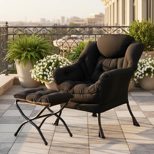 Tiita Lazy Chair with Ottoman, Comfy Reading Accent Chair, Velvet Black - color: Black