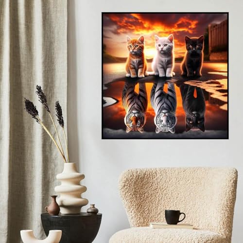 Cat Diamond Art Kits for Adults, Tiger Diamond Painting Kits 14x14 Inch | Full Drill Tiger Diamond Painting Kits For Adults, Diy Round Paint By Diamonds For Home Decor Gifts 14x14 Inch - color: Cat and Tiger