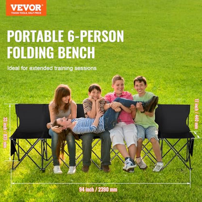 VEVOR Portable Folding B ench, 6 Seats Foldable Sideline B ench, Outdoor Camping Bench Chair with Carry Bag & Backrest, Team Sport Sideline B ench, No Assembly Instant Seating, Black | Lightweight Foldable Sideline Seating with Side Pockets, Carrying Bag,