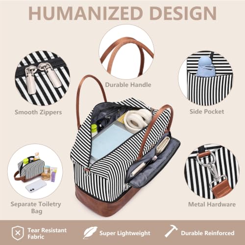 Large Women Travel Weekender Bag: Carry on Duffle with Shoe Compartment | Overnight Duffel Bags with Wet Pocket, Crossbody & Toiletry Bag, 3PCS Womens Traveling Tote Set for Hospital Gym Weekend Trip - color: 02 Black Striped