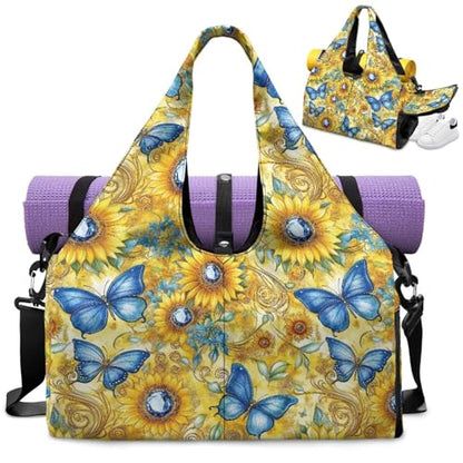 Gym Bag with Yoga Mat Holder Large Tote Bag With Multi Pockets for Women Men Dry Wet Separated Pocket Carryall Yoga Tote Bag for Pilates Travel Workout Office - color: Butterfly