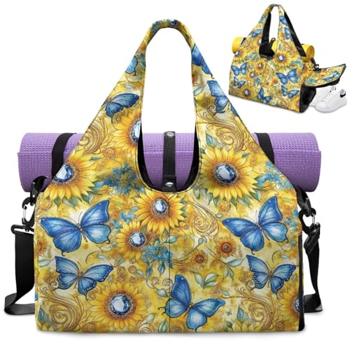 Gym Bag with Yoga Mat Holder Large Tote Bag With Multi Pockets for Women Men Dry Wet Separated Pocket Carryall Yoga Tote Bag for Pilates Travel Workout Office - color: Butterfly