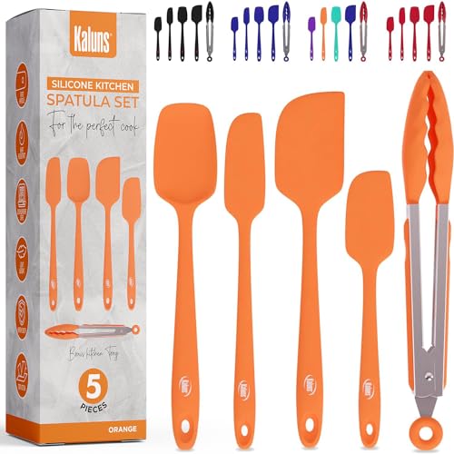 Kaluns Silicone Spatula Set, 4 Rubber Spatulas 600°F Heat Resistant, Nonstick Seamless Design with Stainless Steel Core, Dishwasher Safe, BPA free, Bonus Tongs Included - color: 4 Pcs + Tongs Orange