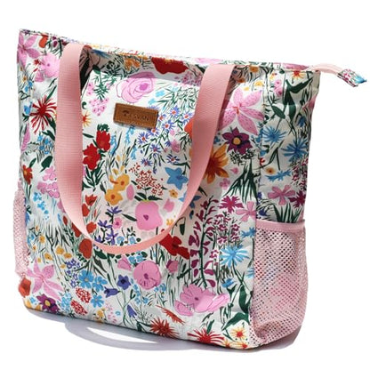 ESVAN Original Floral Water Resistant Large Tote Bag Shoulder Bag for Gym Beach Travel Daily Bags Upgraded - color: A Pink