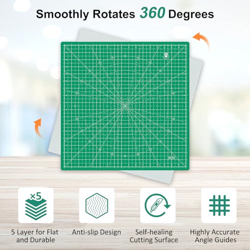 Headley Tools 17"x17" Rotating Cutting Mat, Self Healing Mat with 360-Degree Rotation & Anti-Slip Base, Sewing Board Cutting Mat Perfect for Fabric Quilting Leather Hobby Project, Green - color: Green, size: 17"L x 17"W