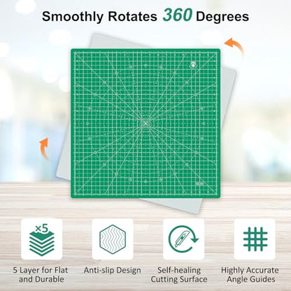 Headley Tools 17"x17" Rotating Cutting Mat, Self Healing Mat with 360-Degree Rotation & Anti-Slip Base, Sewing Board Cutting Mat Perfect for Fabric Quilting Leather Hobby Project, Green - color: Green, size: 17"L x 17"W
