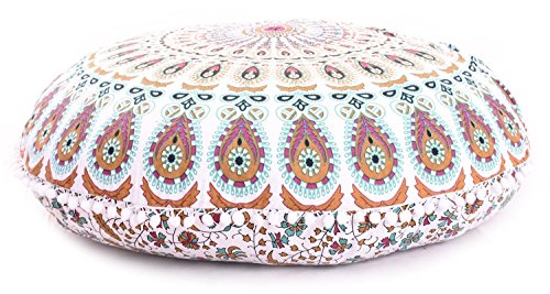 Indian round floor pillow Mandala Floor Pillow Cover Seating Cushion Throw Cover Hippie Decorative Bohemian Ottoman Pouf Cover, Pom Pom Pillow Cases ,Boho 32" Musturd Inches - color: Musturd