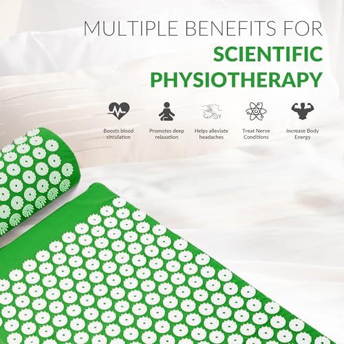 Fitvids Acupressure Mat and Pillow Set for Back/Neck Pain, Acupuncture Products to Relieve Muscle Fatigue, Improve Insomnia for Sedentary People, Acupuncture Eases Stress, Massage Mat, Green - style: Forest Green