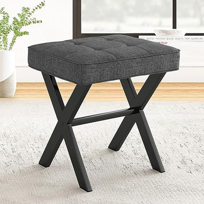 LUE BONA Vanity Stool, Square Linen Makeup Stool with Metal X Legs, Small Ottoman Stool Chair for Vanity, Modern Padded Vanity Seat Foot Rest Stool for Makeup Room, Living Room, Bathroom, Carbon Gray - color: Carbon Gray