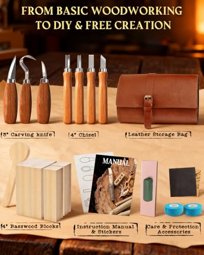 Wood Carving Kit Whittling Kit: Wood Carving Knife Tools with Leather Case | Woodworking Hobby Kit for Beginners Adult Kids, Relaxing Creative Projects, DIY Art Craft Gift for Men Teens - color: Brown(Lite Version)