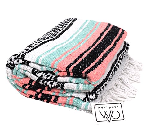 Open Road Goods Multi Color Mexican Falsa Blanket - Handwoven in Mexico - Great for The Beach, Picnics, Yoga, or a Throw! (Mint/Peach) - color: Mint/Peach
