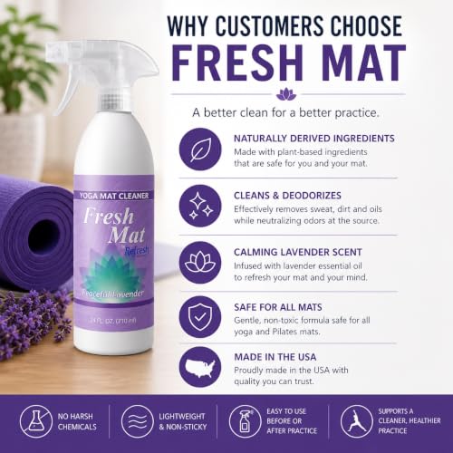Fresh Mat Yoga Mat Cleaner Spray - Natural Deodorizing Cleaner for Yoga Mats & Fitness Equipment - No-Rinse, Residue-Free Formula with Witch Hazel & Essential Oil, Peaceful Lavender (24 fl oz). - size: 24 Fl Oz (Pack of 1)