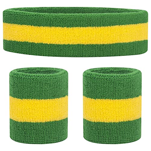 ONUPGO Sweatband Set Sports Headband Wristband Set Sweatbands Terry Cloth Wristband Wrist Sweatband Headbands Moisture Wicking Sweat Absorbing Head Band - color: Green/Yellow/Green