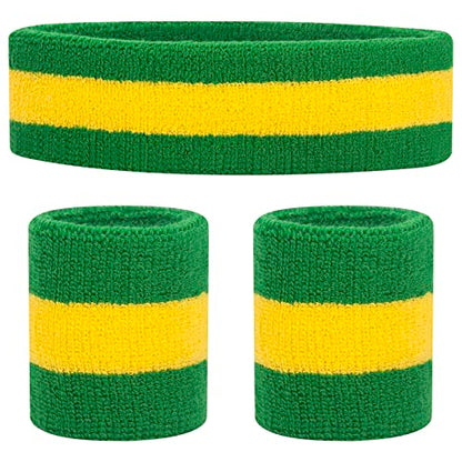ONUPGO Sweatband Set Sports Headband Wristband Set Sweatbands Terry Cloth Wristband Wrist Sweatband Headbands Moisture Wicking Sweat Absorbing Head Band - color: Green/Yellow/Green