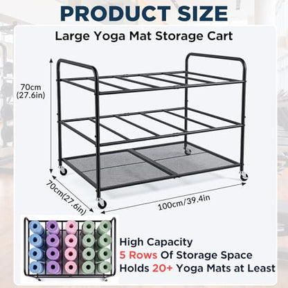 Large Yoga Mat Storage Cart Basket 39.4'' x 27.6'' x 27.6'' Home Gym Storage Rack with Wheels Metal Yoga Mat Holder Basket Foam Rollers Organizer for Gym Studio Hold 20 Exercise Mats