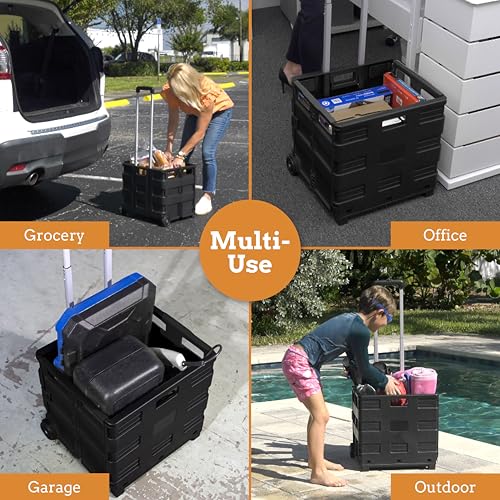 Inspired Living Collapsible Ultra-Slim Pack-N-Roll, 2 Wheel Utility Cart , With Telescopic Handle - Super Strong up to 80 Lbs Load Capacity, Black - color: Black, size: Large/ No Lid