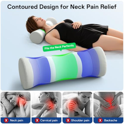 Neck Roll Pillow - Cooling Cover Round Neck Pillow for Sleeping - Memory Foam Cervical Support Pillow - Ergonomic Cylinder Pillows for Neck, Leg, Back, Yoga, Relaxing (Blue Grey)