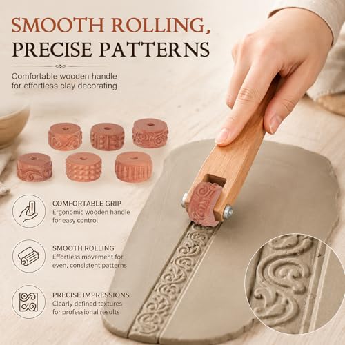 6 Pcs 3D Printed Clay Texture Rollers Clay Roller with Handle for Painting 6 Patterns Texture for Modeling Glaze Design Handle Pottery Tools Set for Artists Ceramics Art Creation Ceramic Modeling DIY