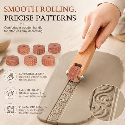 6 Pcs 3D Printed Clay Texture Rollers Clay Roller with Handle for Painting 6 Patterns Texture for Modeling Glaze Design Handle Pottery Tools Set for Artists Ceramics Art Creation Ceramic Modeling DIY