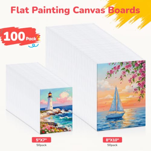 Painting Canvas Boards 100 Pack 5x7, 8x10 Inch, 50 of Each, Canvas Panels | for Kids,100% Cotton Primed Non Toxic for Acrylic Watercolor Paint - size: 5"x7"+8"x10"- 100pcs