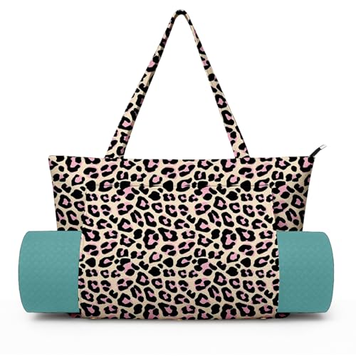 Yoga Bag for Women, Large Canvas Yoga Mat Tote Bag with Yoga Mat Carrier | Large Mat Pocket Fitness Tote for Pilates, Gym, Travel, Office & Beach - color: Leopard print