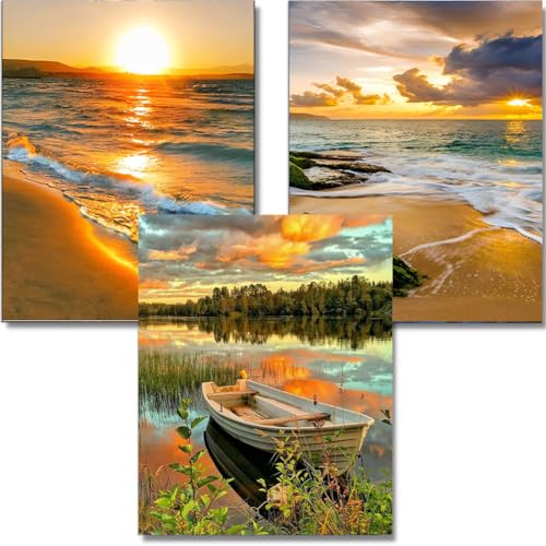 OFRKE Diamond Painting Kits for Adults,3 Pack Sunset Ocean Diamond Art for Beginners, Diamond Round 5D Full Drill Paint with Diamonds Pictures Gem Art Painting Kits DIY Crafts Kits 12x16inch - color: 3pcs-Sunset Ocean