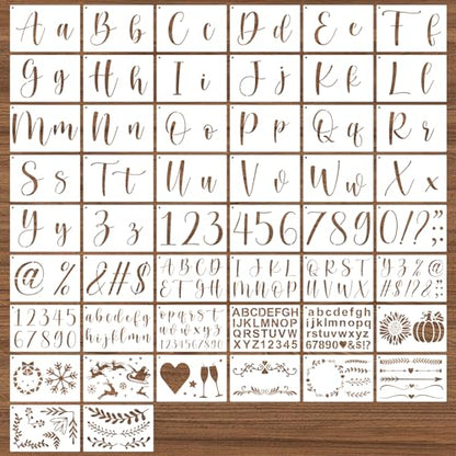 BAMIDELE Letter Stencils for Painting on Wood, 50 Pcs Calligraphy Alphabet Drawing Templates with Numbers, Signs, Reusable Cursive Plastic Art Craft Stencils - style: Luxury Calligraphy Stencils