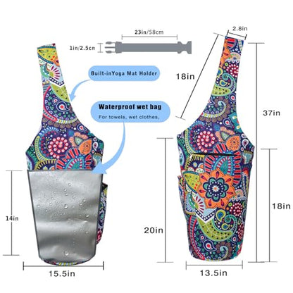 Yoga Mat Bag - Large Opening Long Tote Yoga Mat Carrier Holder Bag with Waterproof Wet Zipper Pocket and Drawstring Water Bottle Pocket - Yoga Bag Fit Most Size Mats - color: Paisley