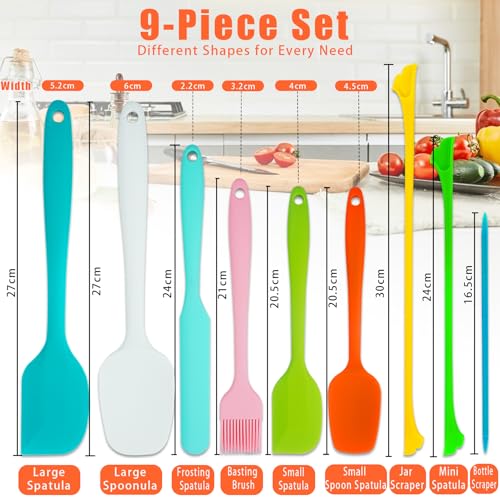 9-Piece Silicone Spatula Set with Brush & Jar Scrapers | 500°F heat resistant, non-scratch BPA-free silicone, seamless design, for cooking, baking, mixing, and jar scraping