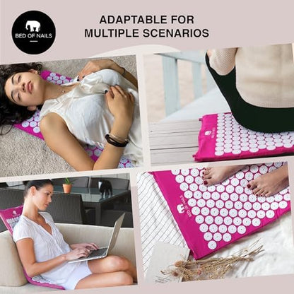 Bed of Nails Mat and Pillow Set – Original Bon Acupressure Design with 10962 Precision Nails, Mat: 28.5 x 16.5 x 1", Pillow: 14.5 x 6 x 4", Pink - color: Pink - Mat & Pillow Set