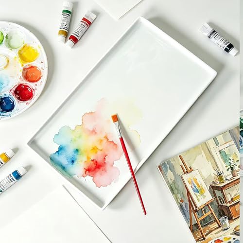12 inch Ceramic Rectangle Paint Mixing Tray,Artist Porcelain Paint Palette for Watercolor Gouache Painting,Cleans-up Easily Butcher Tray