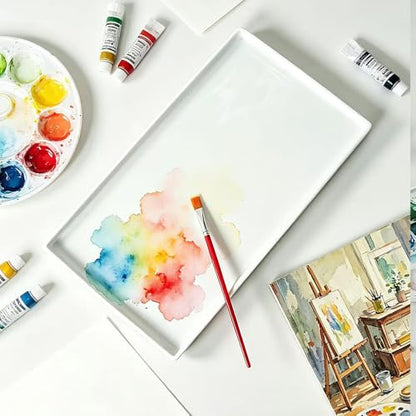 12 inch Ceramic Rectangle Paint Mixing Tray,Artist Porcelain Paint Palette for Watercolor Gouache Painting,Cleans-up Easily Butcher Tray