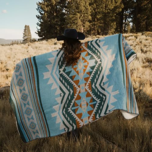 Aztec Blanket with Soft Sherpa Fleece, Southwestern Blankets for Camping, Boho Throws - color: Aqua Blue, size: 60" x 80"
